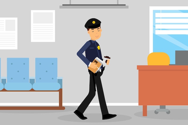 Homem policial ou policial com um tronco segurando uma xícara de café fazendo uma pausa para almoçar Ilustração vetorial