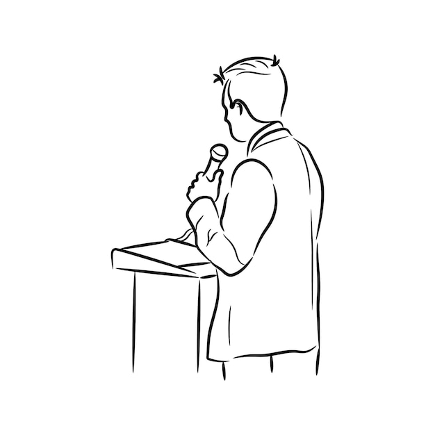 Vetor homem político falando de pé com microfone e linha de pódio ilustração vetorial desenhada à mão