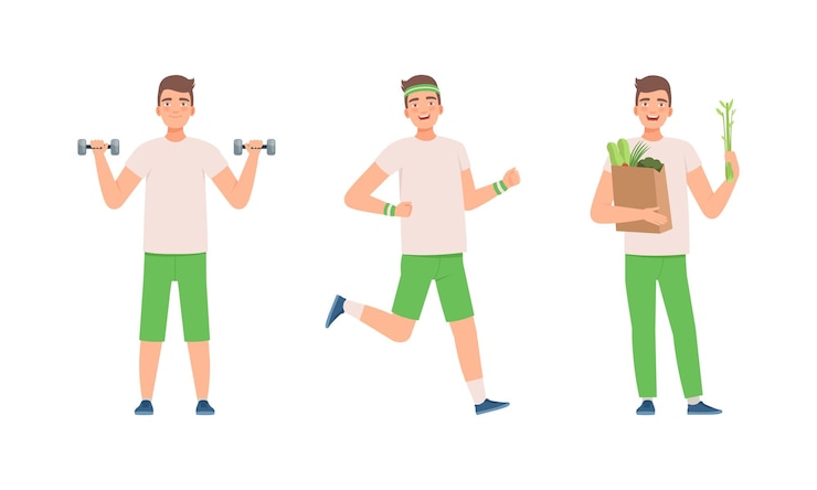 Vetor homem positivo em calças verdes correndo e levantando halteres liderando o conjunto vetorial de estilo de vida ativo