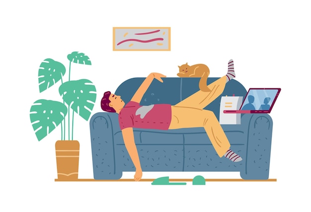 Vetor homem preguiçoso deitado no sofá e assistindo filme ilustração vetorial plana isolada
