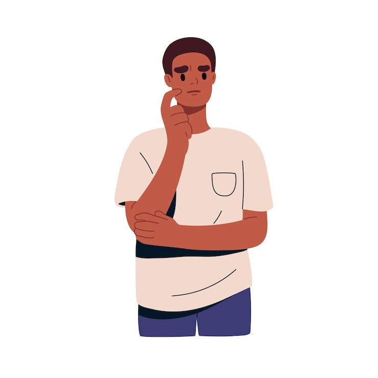 Vetor homem preto pensativo em apuros duvidando de pensar desconcertado pessoa preocupada ponderando perguntando tensão ansiedade expressão facial ilustração vetorial plana isolada em fundo branco