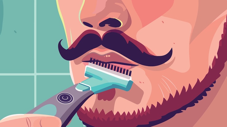 Vetor homem profissional de higiene masculina cortando o bigode com cortador elétrico dentro de casa de perto
