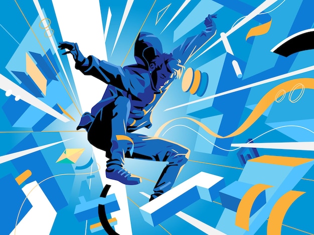 Homem pulando no blockchain para investir em moedas criptográficas, bitcoin, Ethereum, nft