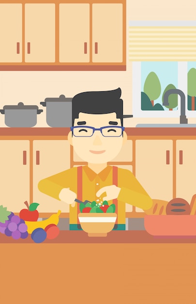 Homem que cozinha a ilustração vegetal do vetor da salada.