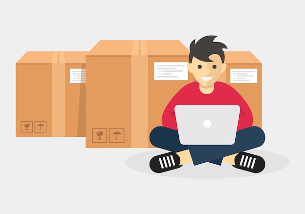 homem que trabalha com laptop representa negócios de logística e transporte marítimo
