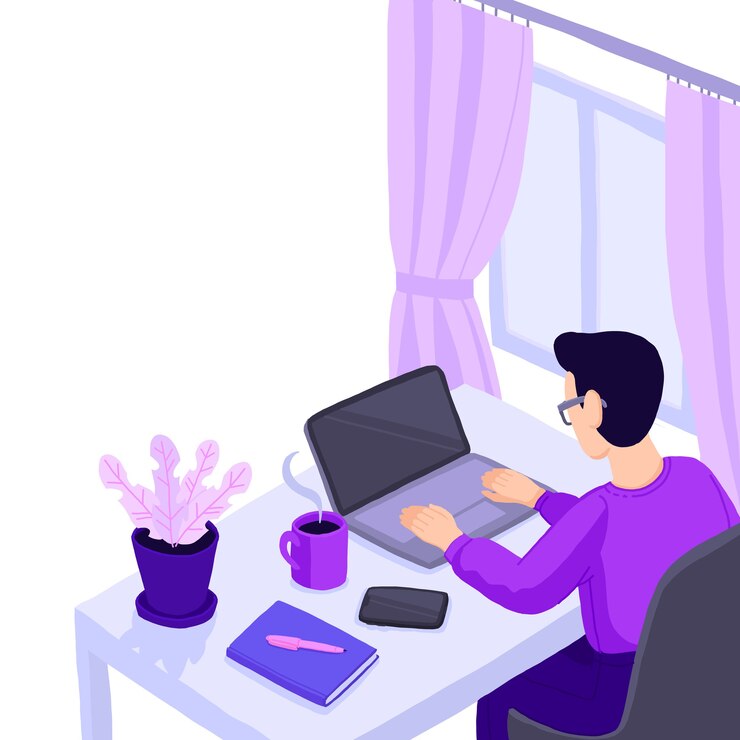 Vetor homem que trabalha em home office. personagem sentado na mesa na sala, olhando para a tela do computador.