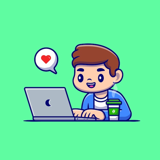 Homem que trabalha no laptop com café dos desenhos animados. conceito de ícone de tecnologia de pessoas isolado. estilo flat cartoon