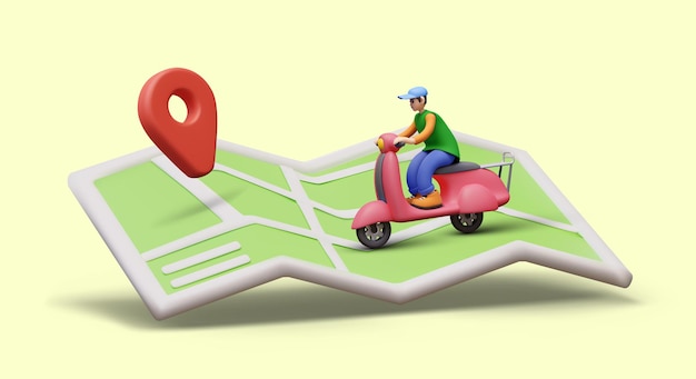 Homem realista a conduzir uma scooter num mapa de papel aberto com um alfinete vermelho