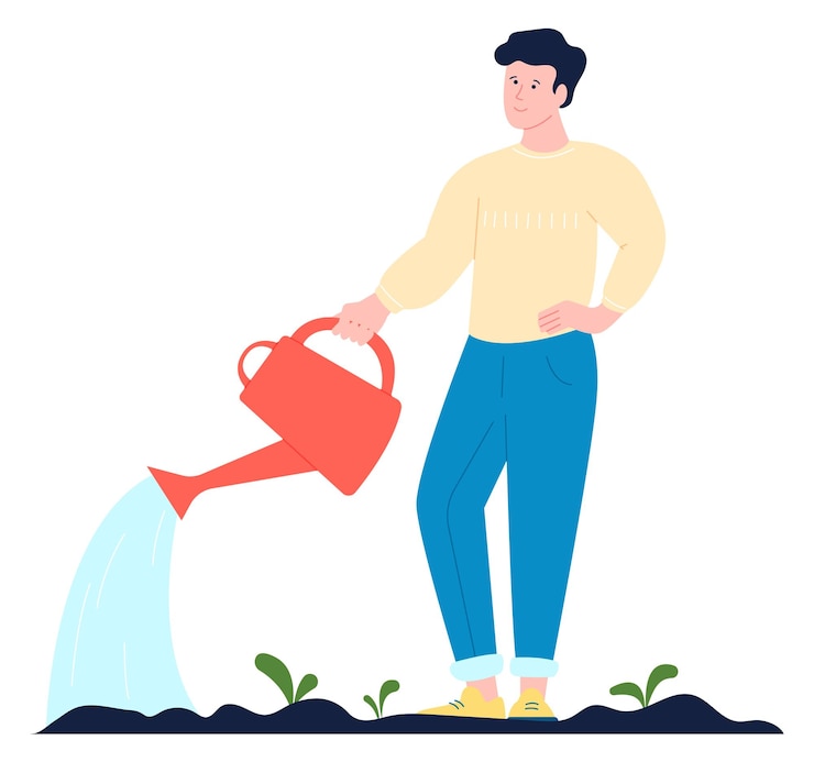 Vetor homem regando solo com plantas em crescimento personagem de jardineiro isolado em fundo branco