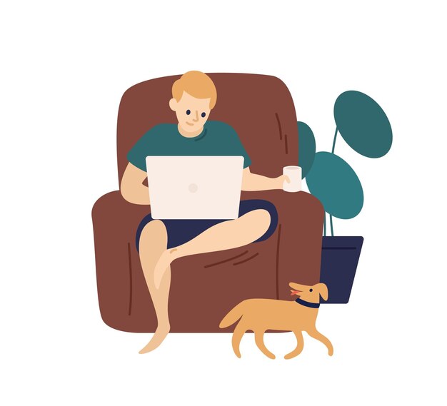 Homem relaxado surfando internet uso laptop sente-se na poltrona ilustração vetorial plana. homem freelancer trabalhando remotamente em casa isolado no branco. indivíduo moderno doméstico descansando segurando o computador e o copo.