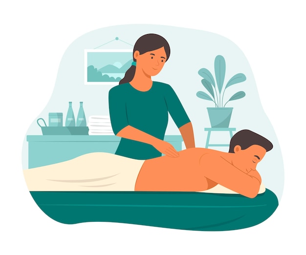 Vetor homem relaxante com tratamento de massagem corporal no salão spa