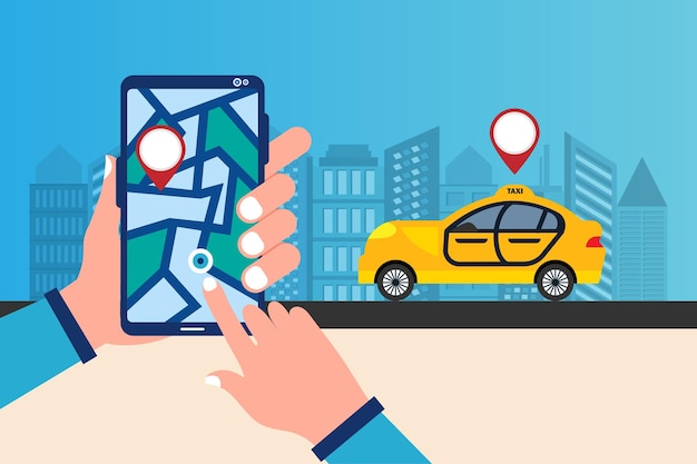 Homem reservando um carro no smartphone com aplicativo de mapa de táxi na tela