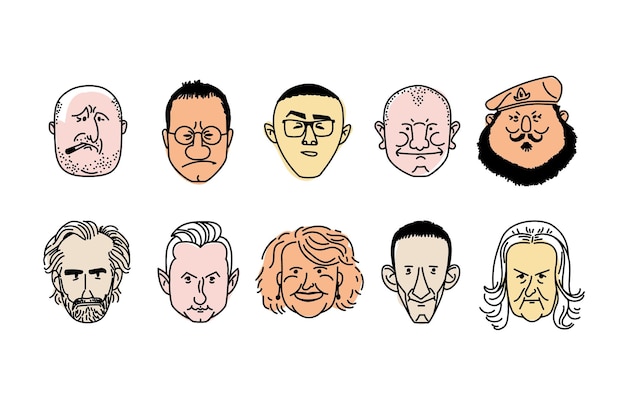 Homem, rosto de mulher, pessoas adultas maduras, diversos personagens, definir formas diferentes, pessoa engraçada, coleção de expressões faciais, linha de arte vetorial, esboço desenhado à mão, ilustração