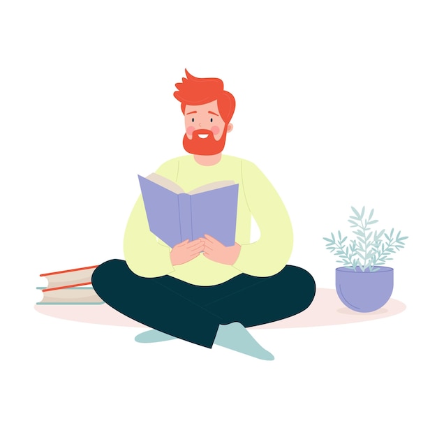 Homem ruivo sentado no chão lendo um livro Ilustração em vetor