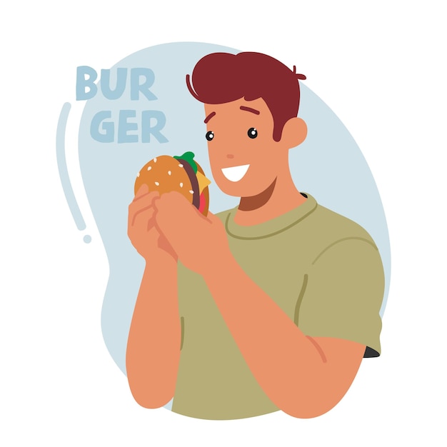 Homem saboreando hambúrguer suculento com um olhar de pura satisfação em seu rosto Personagem masculino com alegria de se deliciar com fastfood