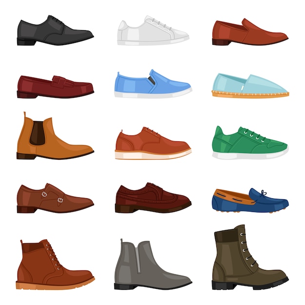 Vetor homem sapato moda botas masculinas e calçados de couro clássico ou calçados para homens conjunto de ilustração de sapatos masculinos de calçados com cadarço no shoeshop em fundo branco