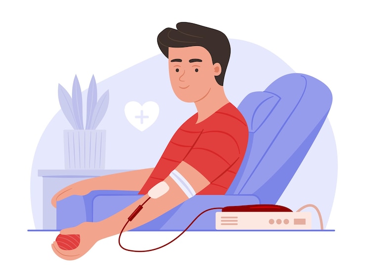 Homem saudável doa sangue para transfusão de sangue e ilustração do conceito de caridade da doação de sangue