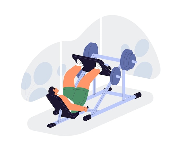 Homem se exercitando com uma máquina de pressão de perna, plataforma de elevação com peso, pessoa treinando músculos no ginásio fazendo exercícios de força corporal com equipamentos ilustração vetorial plana isolada em fundo branco