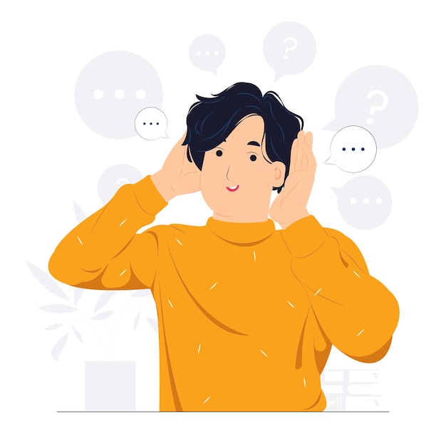 Homem segurando a mão perto da orelha falando ouvindo ouvindo sussurrando curiosidade fofoca surdez e preste atenção ilustração do conceito