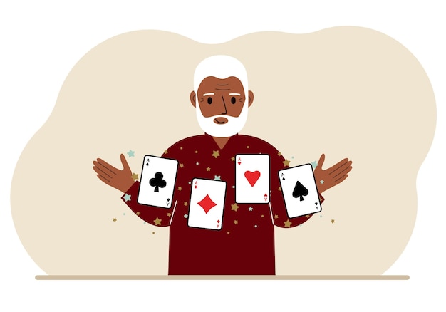 Vetor homem segurando cartas de baralho jogando combinação de 4 ases ou quatro de um tipo