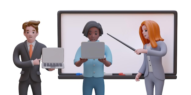 Homem segurando laptop apresentando gadget para o trabalho mulher segurando ponteiro ensinando equipe de negócios