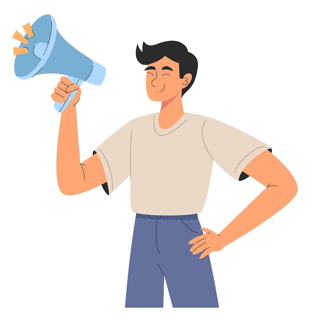 Homem segurando megafone com postura confiante