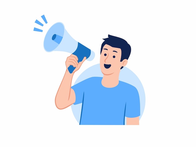 Homem segurando megafone gritando alto-falante anuncia mensagem de notícias informativas