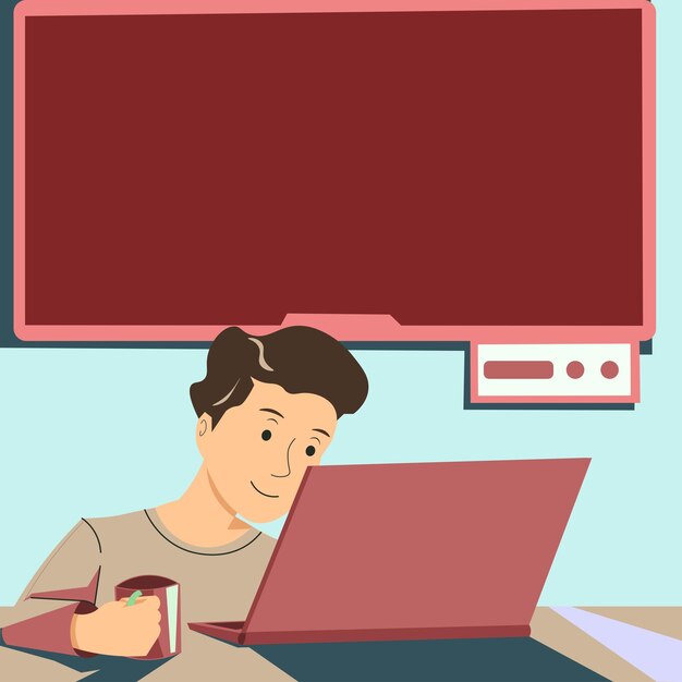 Homem segurando o copo olhando no colo e apresentando notícias importantes na tv atrás do menino com caneca na mão olhando no computador e mostrando informações cruciais