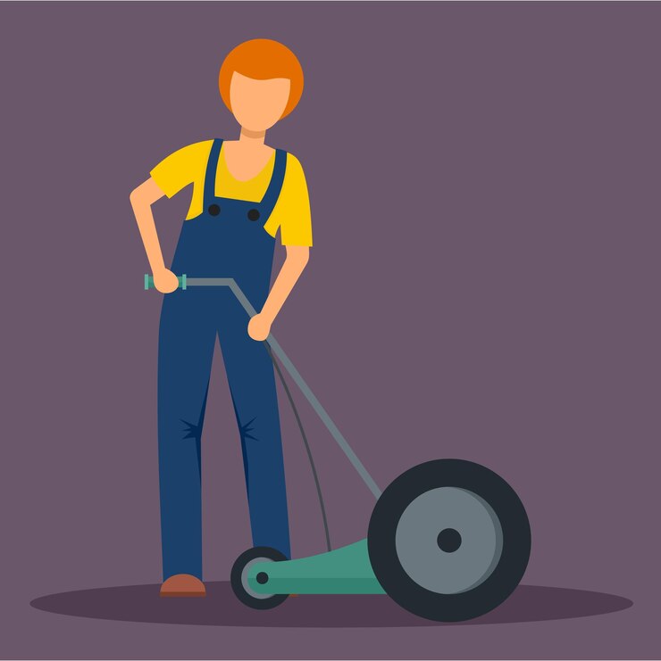 Vetor homem segurando o ícone do cortador de grama ilustração plana do homem segurando o ícone vetorial do cortador de grama para web design