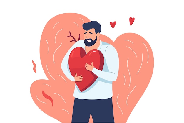 Vetor homem segurando seu coração durante um ataque cardíaco ilustração vetorial representando doenças cardiovasculares e cuidados de saúde