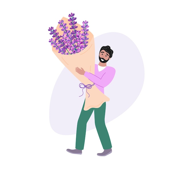 Vetor homem segurando um grande buquê de flores de lavanda homem sorridente feliz carregando um grande bando de flores