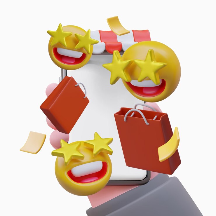 Vetor homem segurando um smartphone moderno com emojis engraçados com olhos de estrela dourada e sacos de compras vermelhos