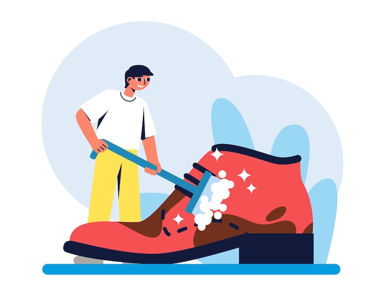 Vetor homem segurando uma grande escova e lavando sapatos serviços de limpeza a seco