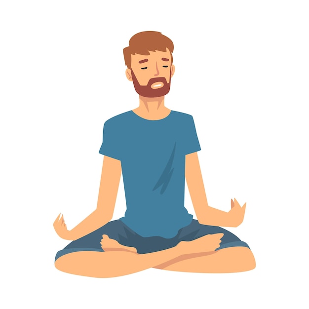 Vetor homem seguro o equilíbrio com meditação relaxamento ilustração vetorial de desenho animado