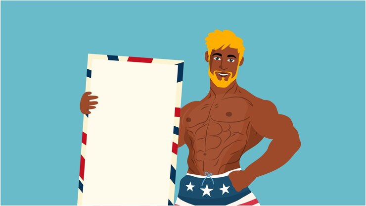 Vetor homem sem camisa segurando um letreiro em branco em calções de tema americano com pose confiante