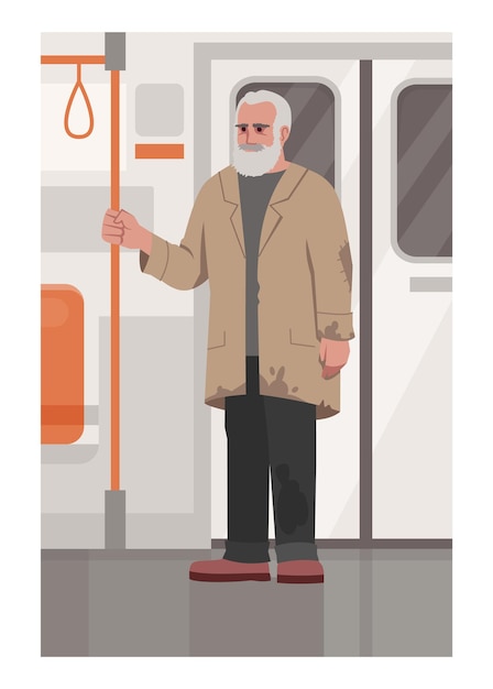 Homem sem-teto em ilustração vetorial plana de trem. pobre homem com roupas sujas, segura o corrimão. homem desempregado em trânsito público. personagens de desenhos animados 2d de pessoas desempregadas para uso comercial
