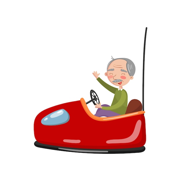 Vetor homem sênior feliz andando de pára-choques elétrico ou carro dodgem no vetor de desenhos animados de parque de diversões ilustração sobre um fundo branco