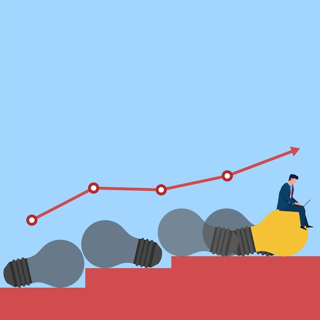 Homem senta-se na lâmpada enquanto outra lâmpada apaga a metáfora da ideia brilhante