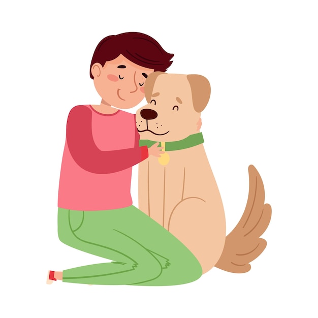 Homem sentado com seu cão e acariciando-o Ilustração vetorial