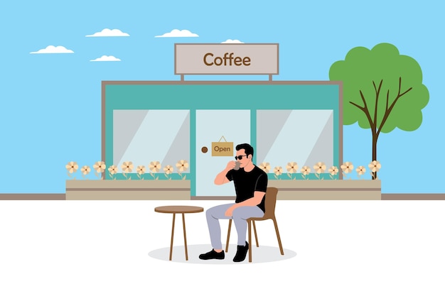 Homem sentado em frente à ilustração vetorial da cafeteria em estilo plano