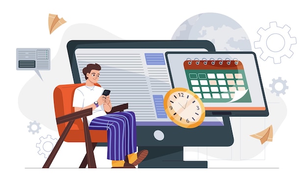 Homem sentado em uma cadeira usando um smartphone perto de um grande monitor com calendário e relógio em estilo gráfico plano