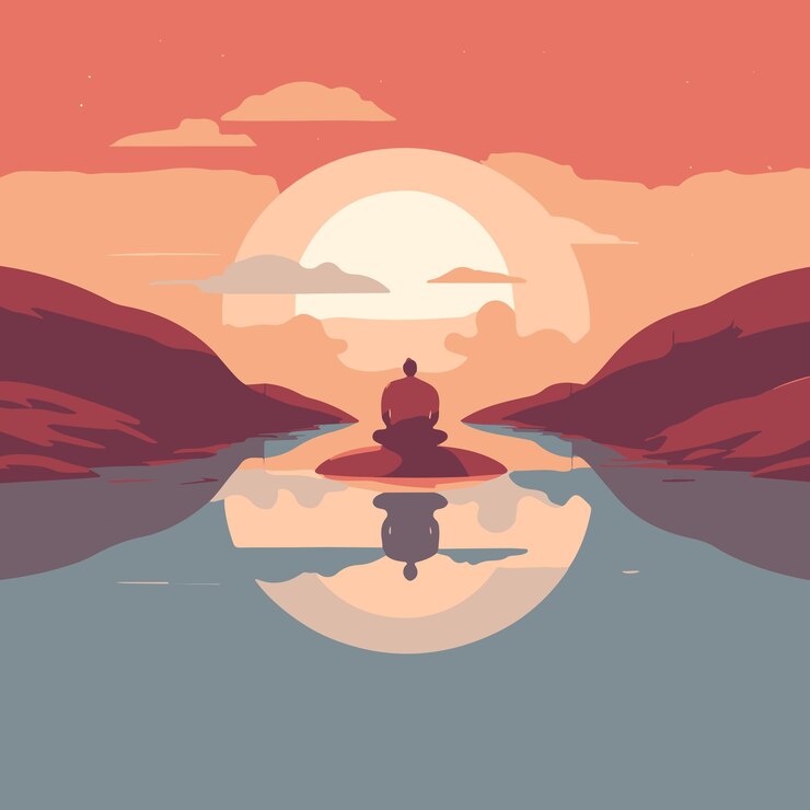 Vetor homem sentado meditando ao pôr do sol na natureza