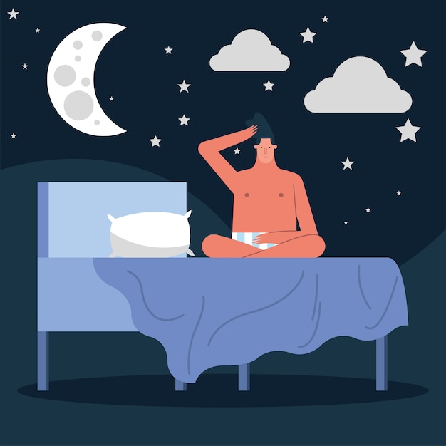 Homem sentado na cama, cena noturna sofrendo de insônia, desenho de ilustração vetorial de personagem