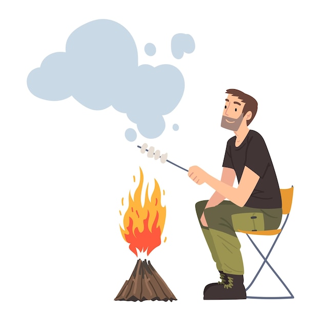 Vetor homem sentado perto da fogueira assando marshmallow viagem de aventura de verão ilustração vetorial de estilo desenho animado