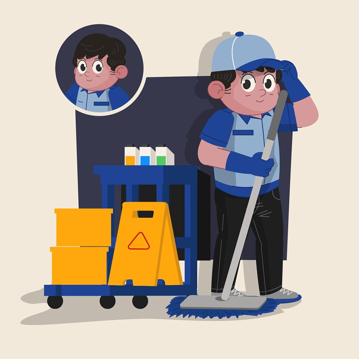 homem serviço de limpeza personagem 2d bonito pronto para animação completo com ferramentas de trabalho