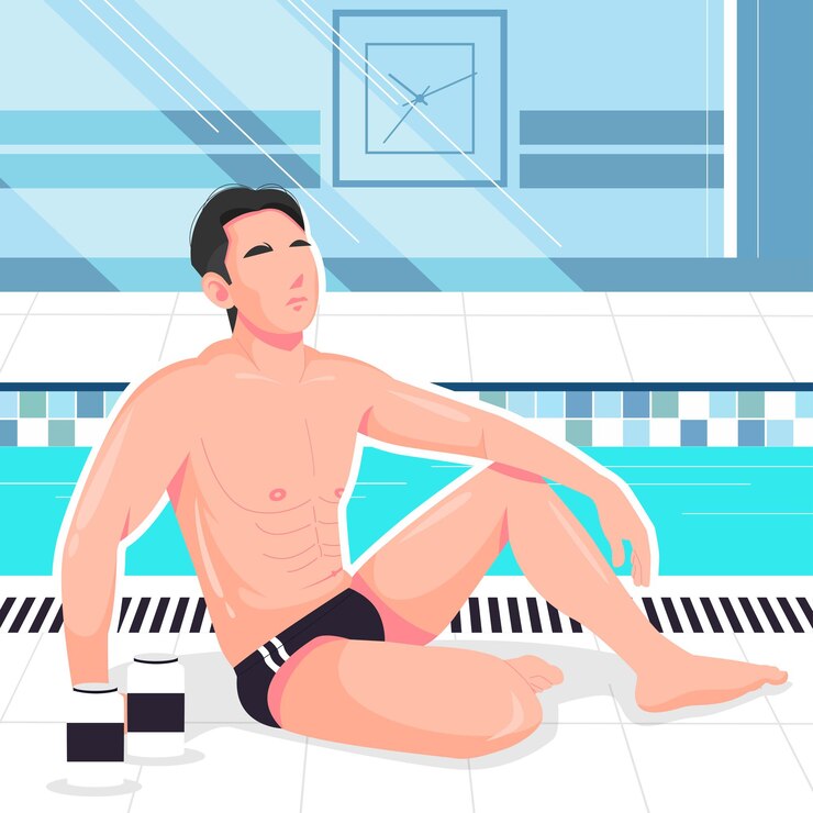 Vetor homem sexy aproveitando o tempo na ilustração vetorial de piscina