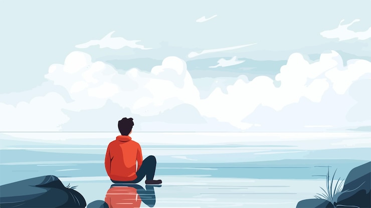 Vetor homem solitário contemplando o oceano em um dia nublado