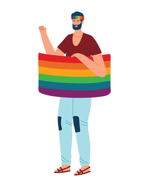 Homem sorridente com barba em roupas casuais segura a bandeira do orgulho lgbt pessoa alegre que apoia lgbtq