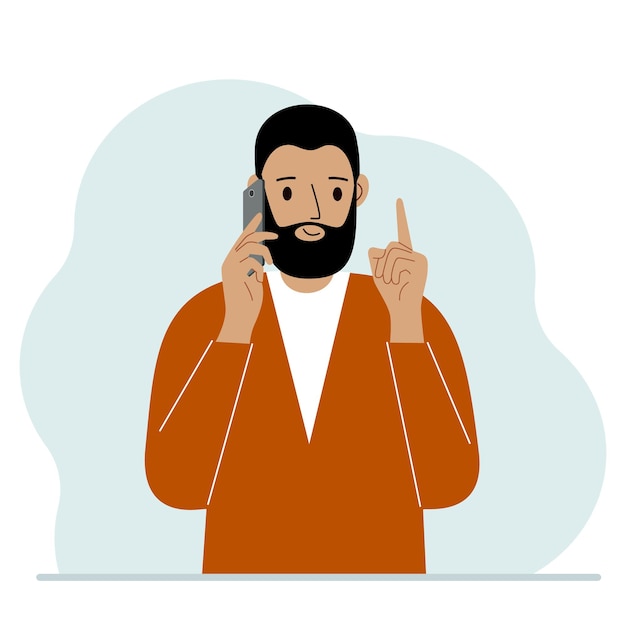 Homem sorridente, falando ao celular com emoções. uma mão com o telefone a outra com um gesto do dedo indicador para cima. ilustração em vetor plana