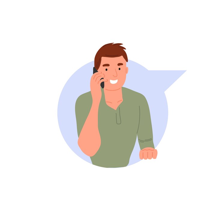 Vetor homem sorridente, falando por telefone na nuvem de diálogo.